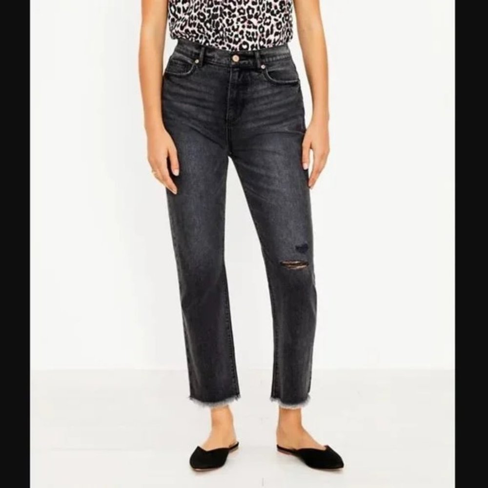 Loft Destructed High Rise Straight Crop Jeans in Washed Black Wash 6 / 28"